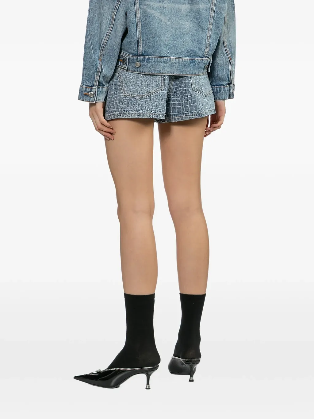 Self Portrait Rhinestone Croc Effect Denim Shorts