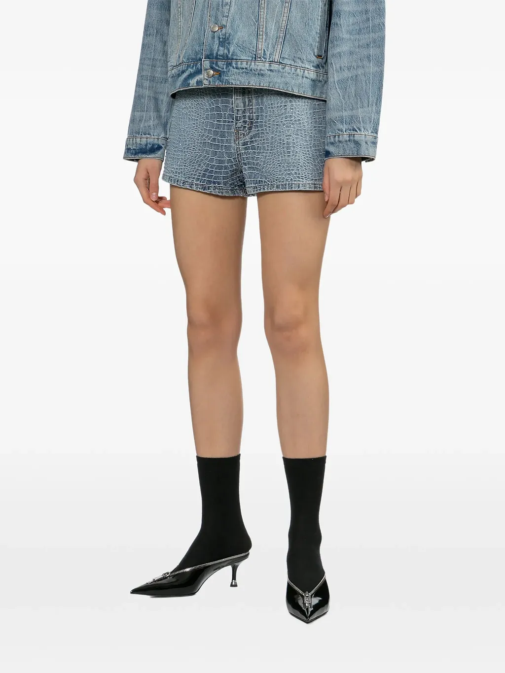 Self Portrait Rhinestone Croc Effect Denim Shorts