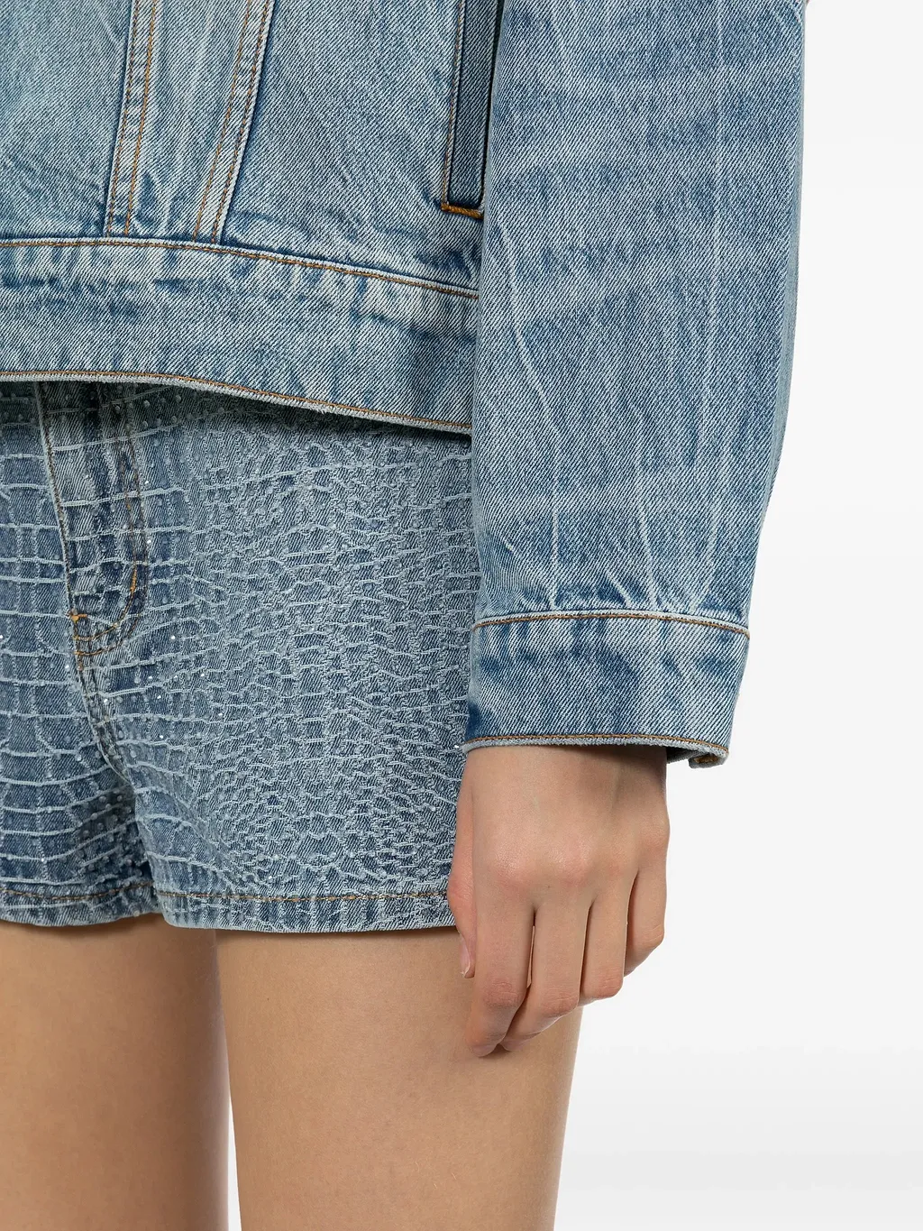 Self Portrait Rhinestone Croc Effect Denim Shorts
