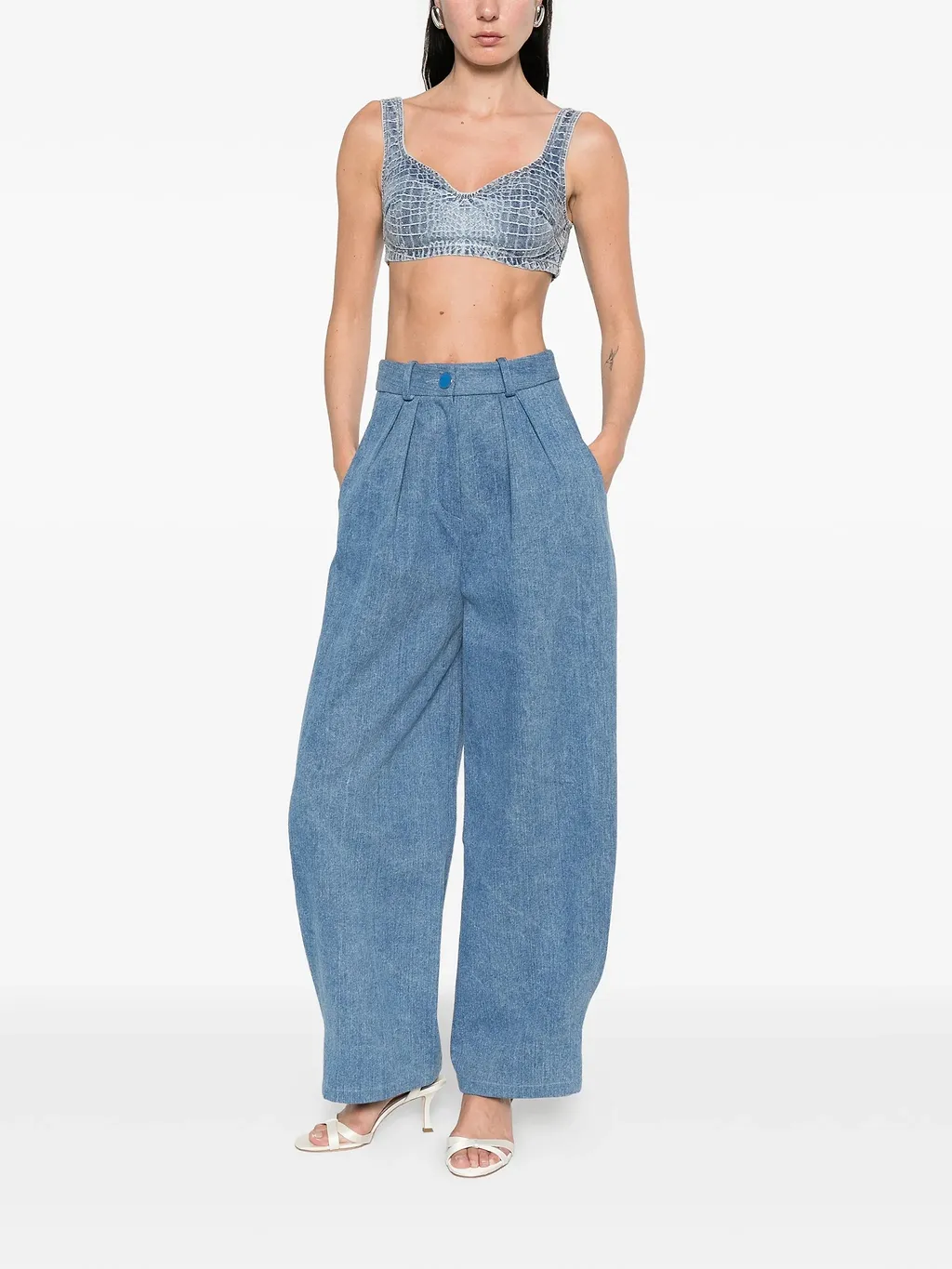 Self Portrait Rhinestone Croc Effect Denim Bralette