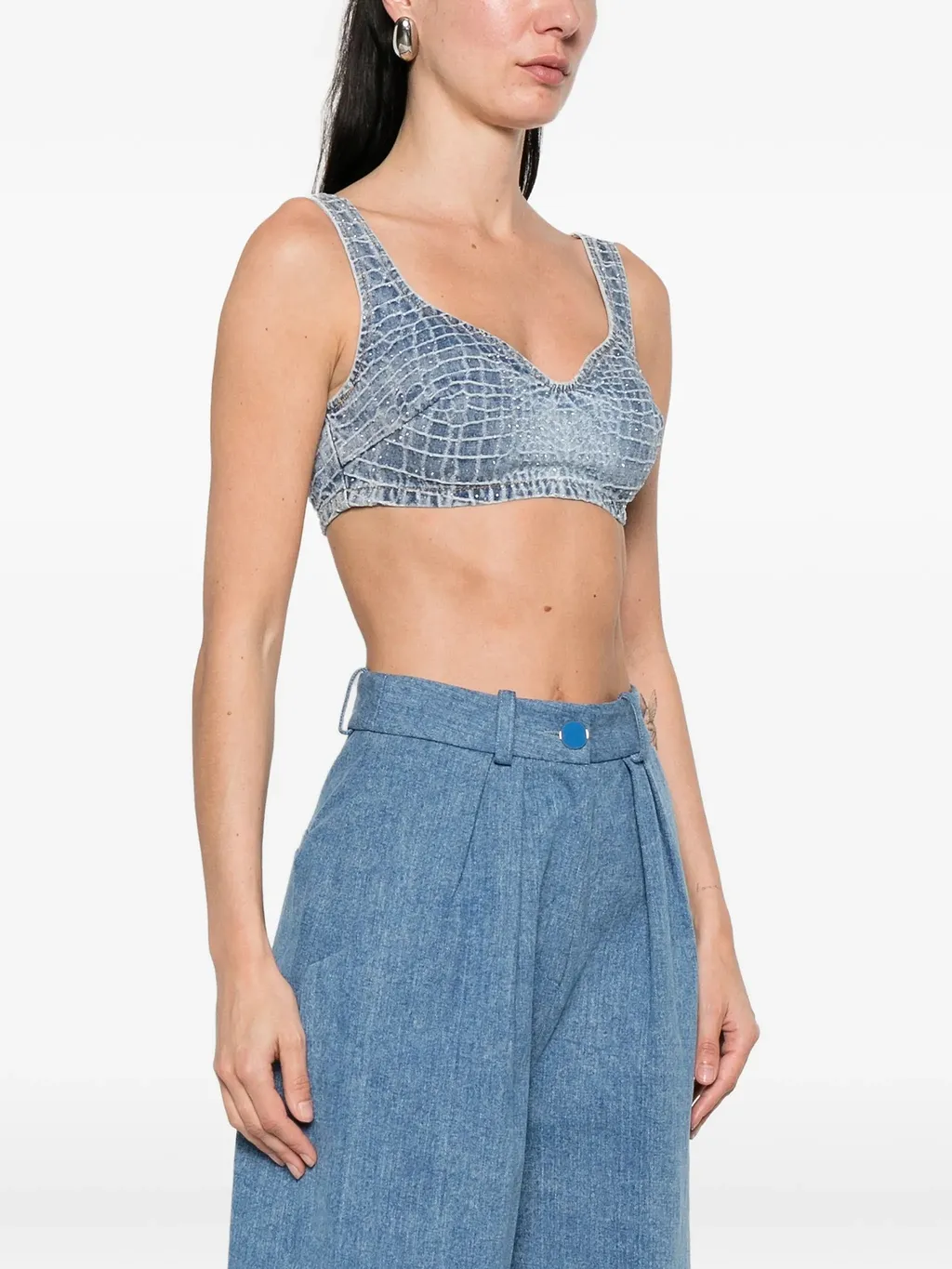 Self Portrait Rhinestone Croc Effect Denim Bralette