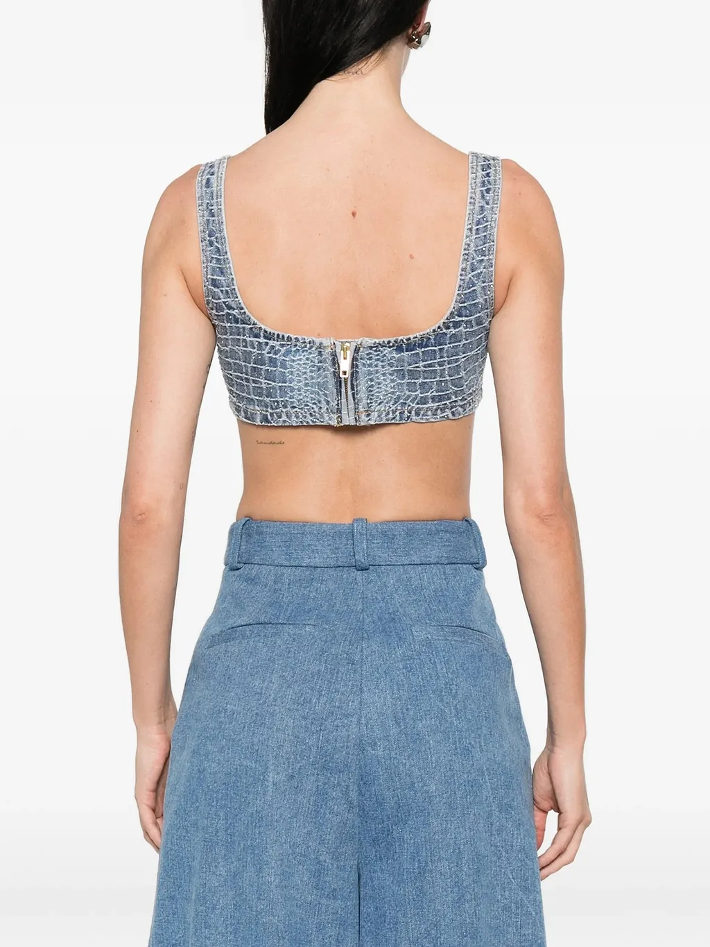 Self Portrait Rhinestone Croc Effect Denim Bralette
