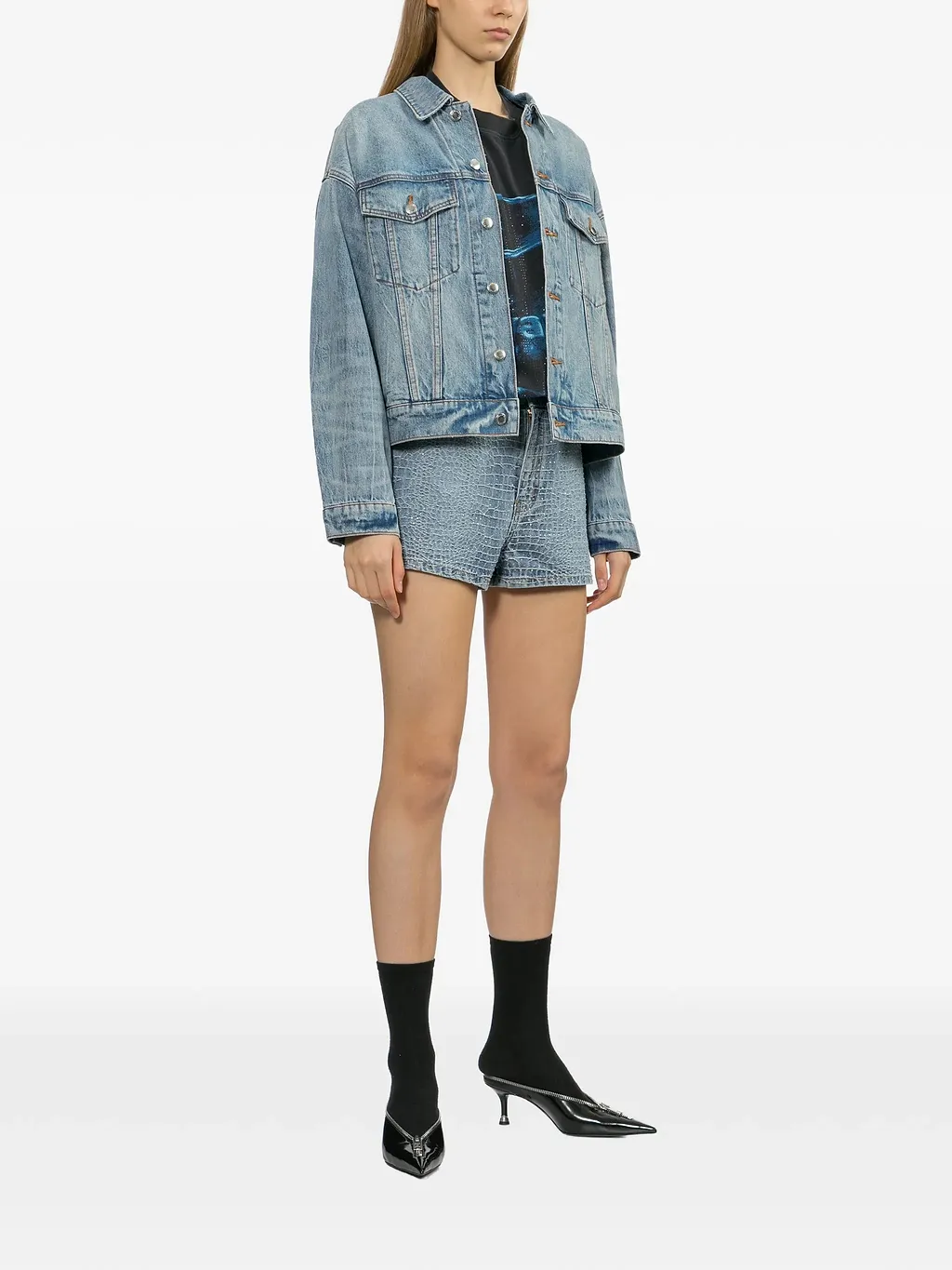 Self Portrait Rhinestone Croc Effect Denim Shorts