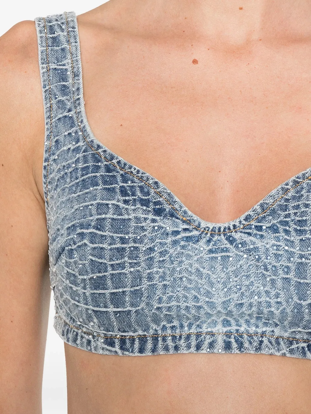 Self Portrait Rhinestone Croc Effect Denim Bralette