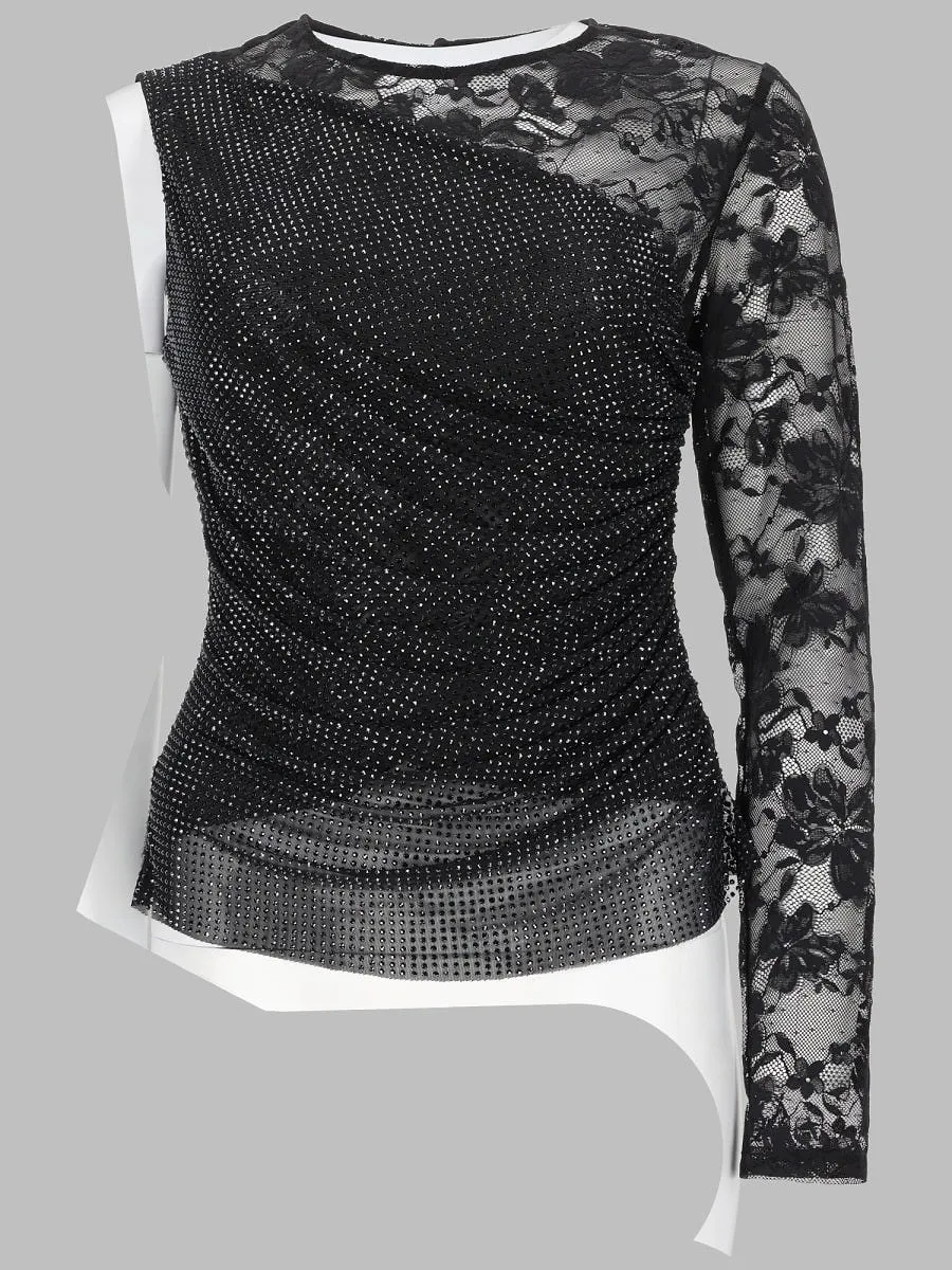 Self Portrait Top Monospalla Con Strass E Pizzo