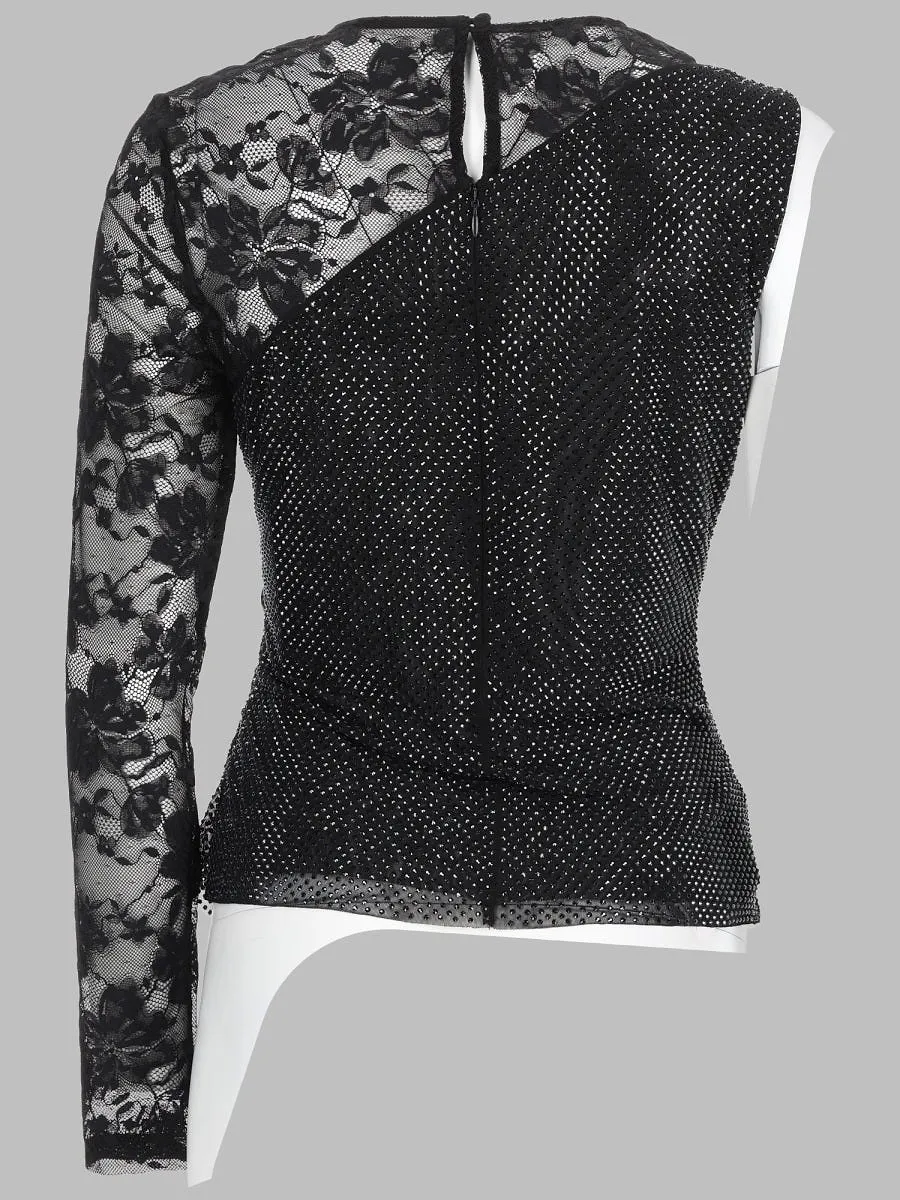 Self Portrait Top Monospalla Con Strass E Pizzo