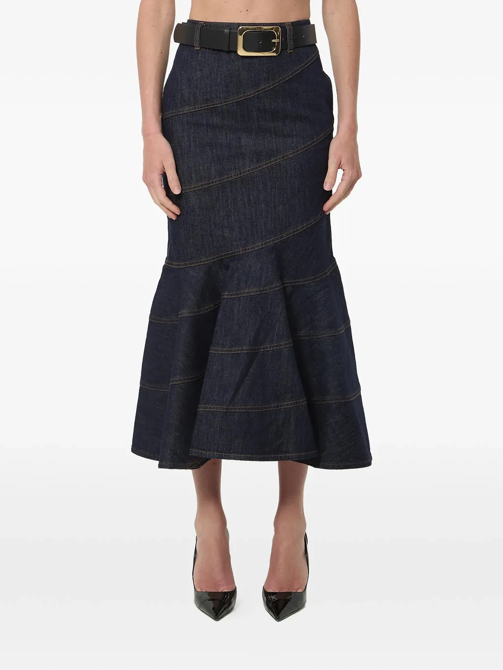 Self Portrait Indigo Denim Belted Midi Skirt