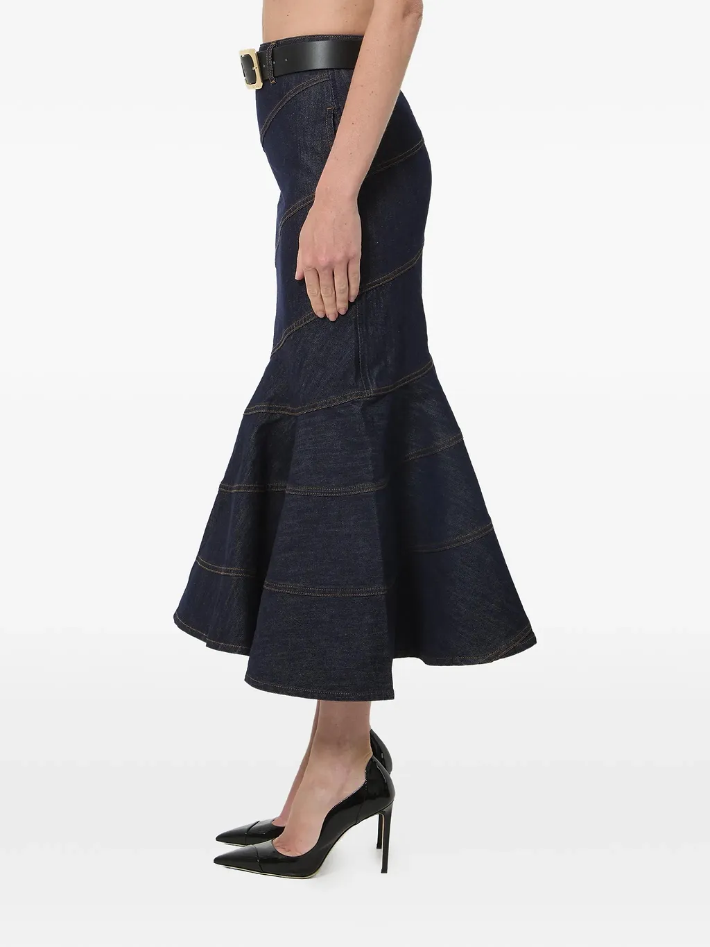 Self Portrait Indigo Denim Belted Midi Skirt