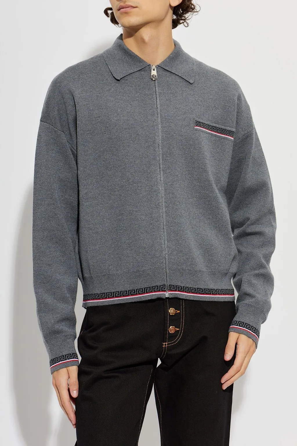 Versace Zip-Up Pattern-Trim Cardigan