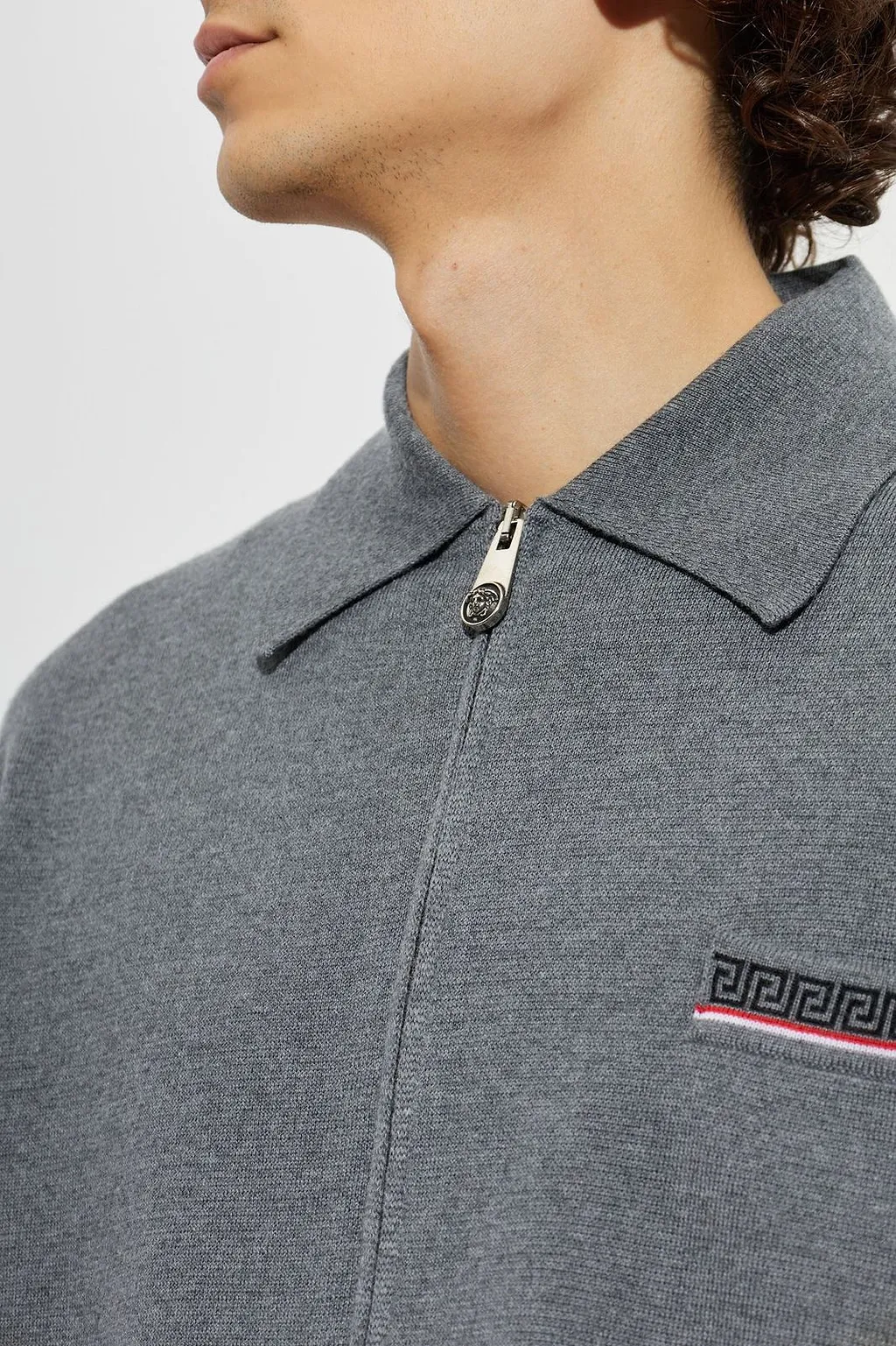 Versace Zip-Up Pattern-Trim Cardigan