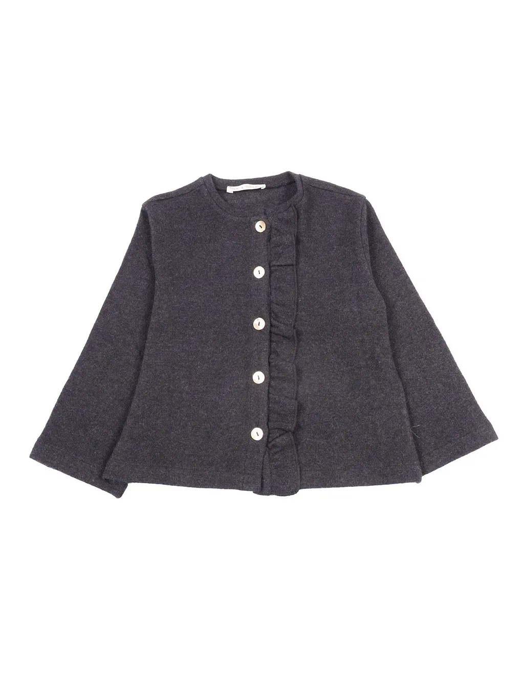 Zhoe & Tobiah Ruffled Button-Up Crewneck Cardigan