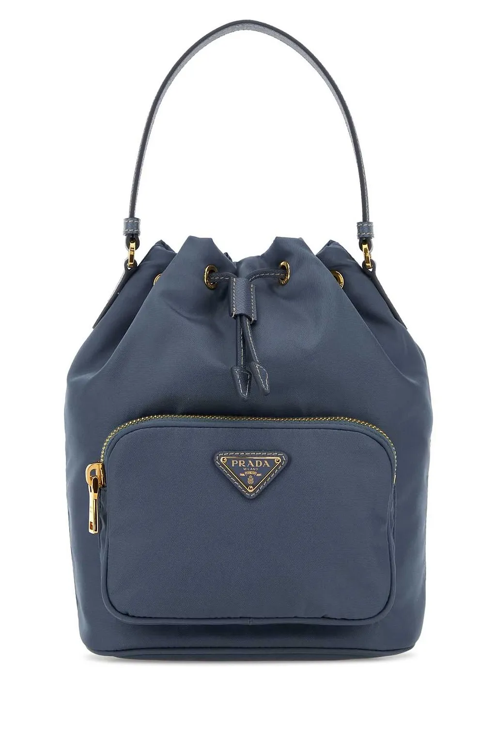 Prada Logo Plaque Drawstring Bucket Bag