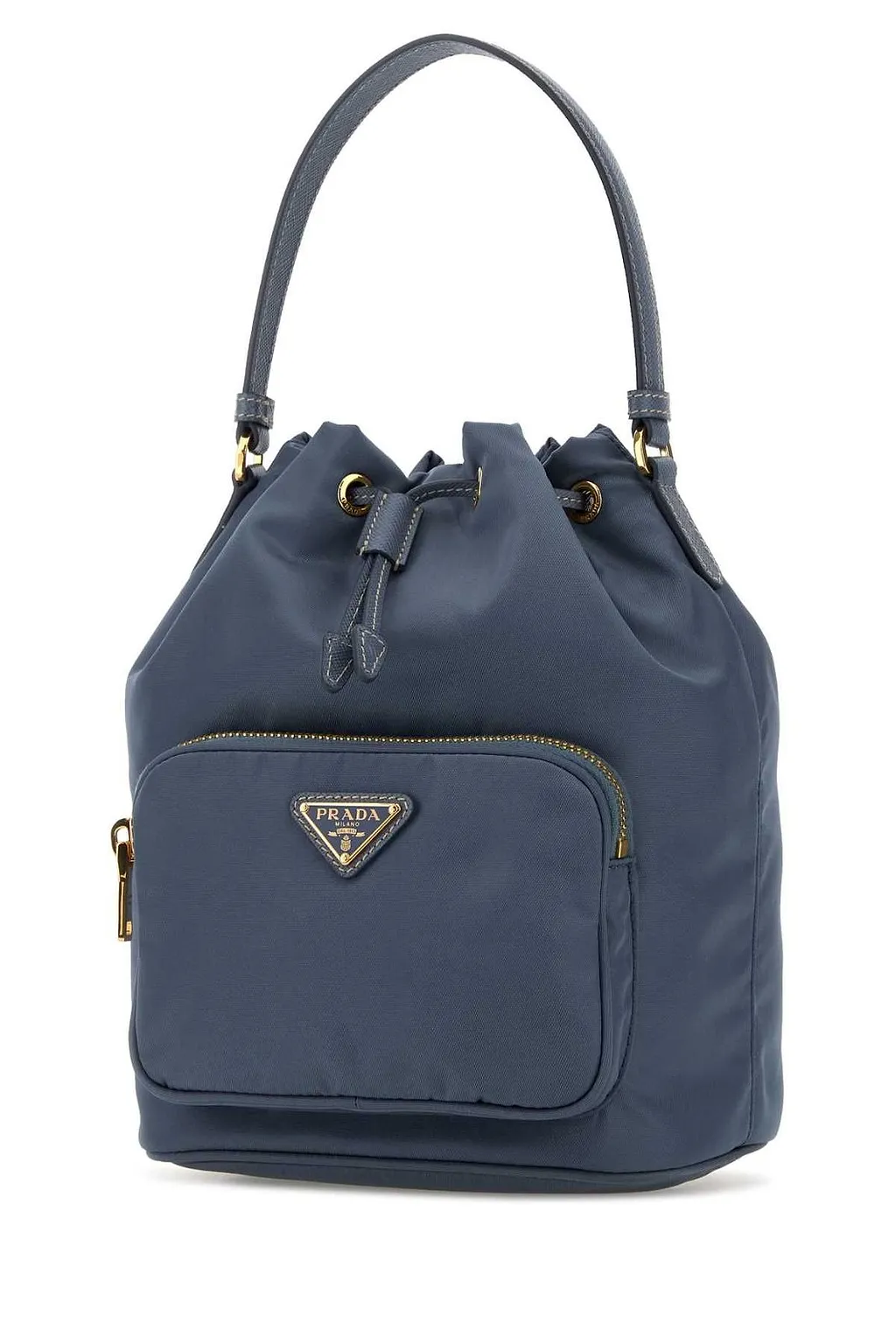 Prada Logo Plaque Drawstring Bucket Bag