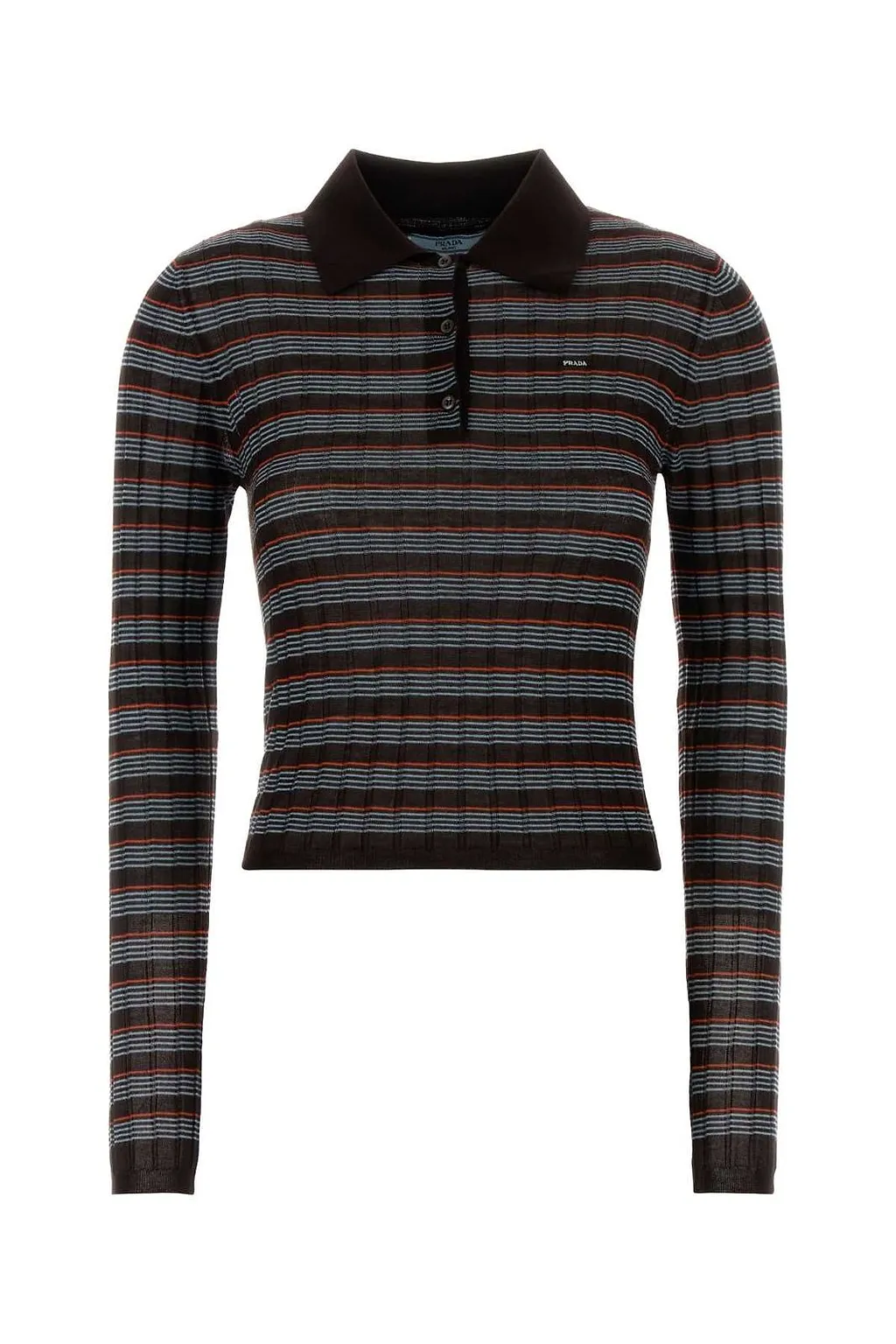 Prada Striped Embroidered Knitted Polo Top