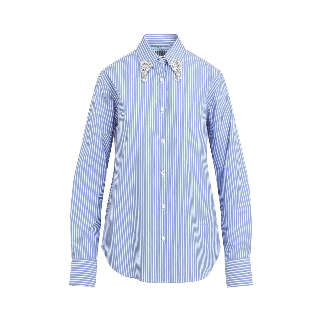 Prada Embellished Long Sleeved Striped Shirt