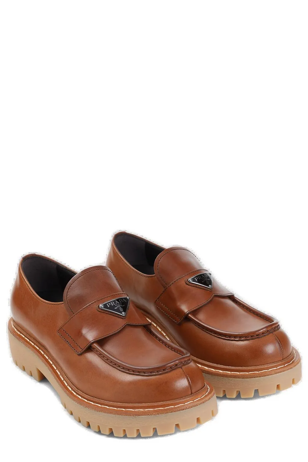 Prada Logo Plaque Round Toe Loafers