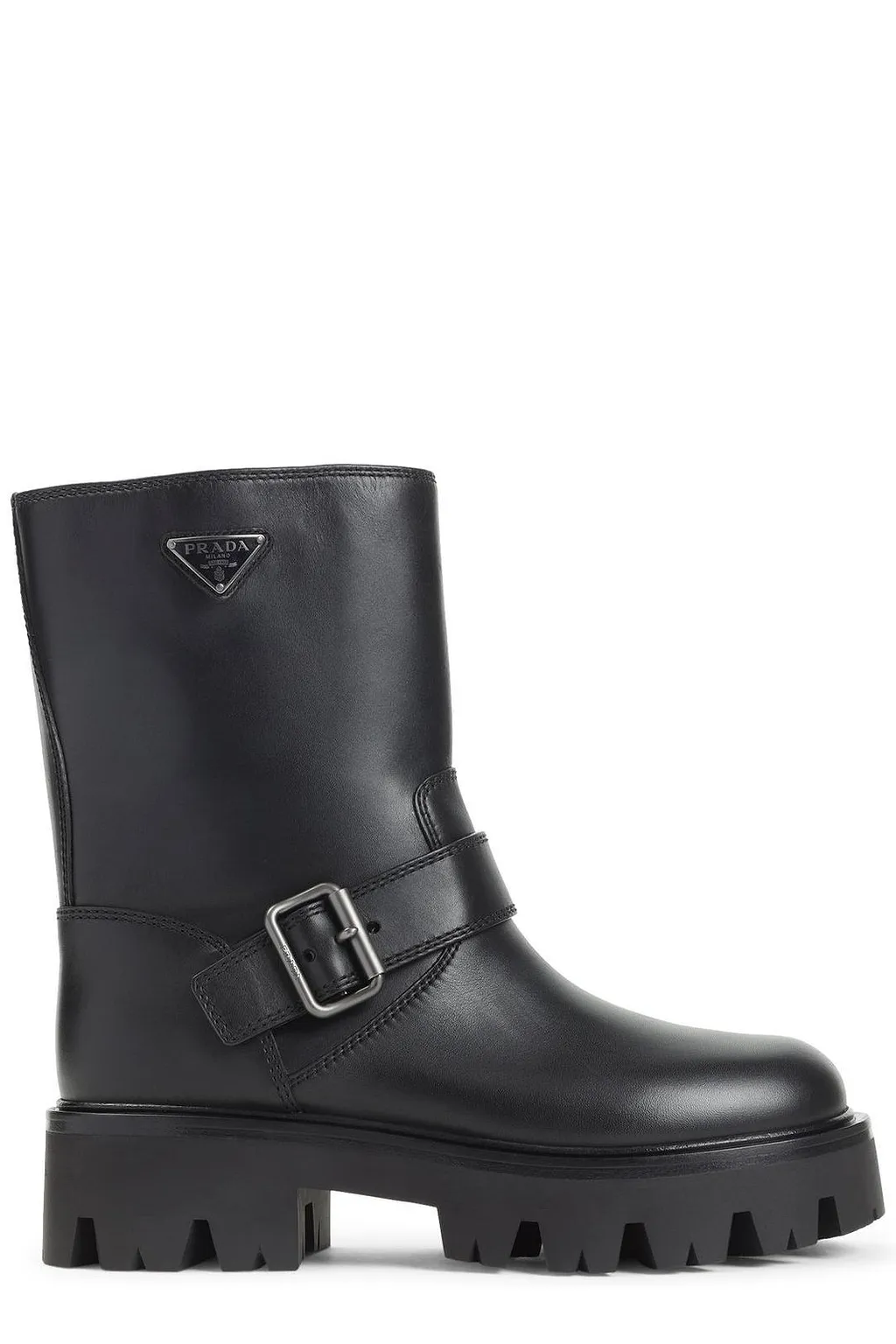 Prada Logo Plaque Buckled Biker Boots