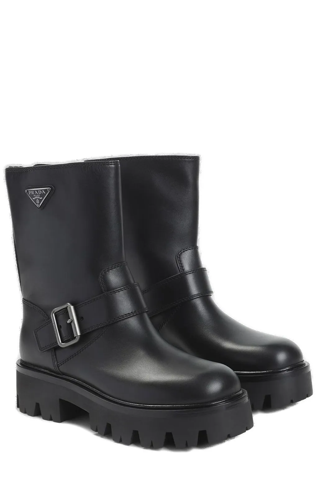 Prada Logo Plaque Buckled Biker Boots