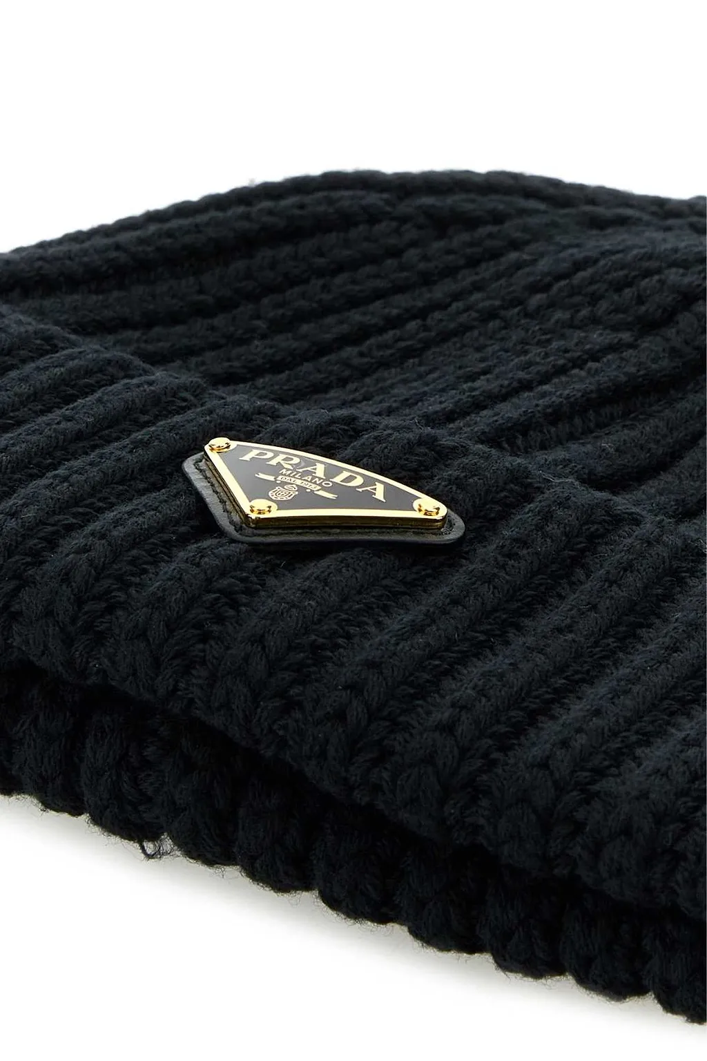Prada Logo Plaque Ribbed Beanie