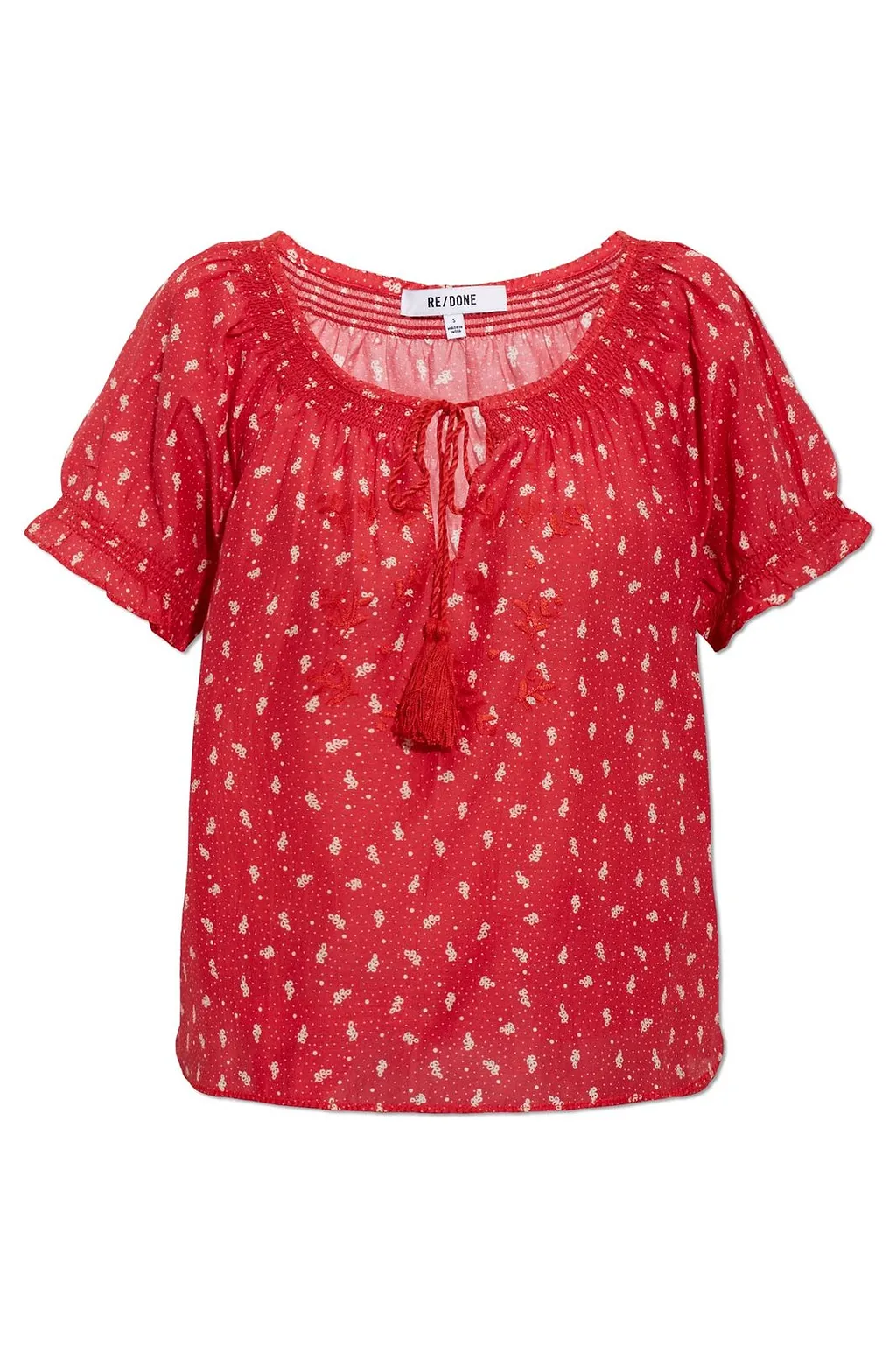 Re/Done Katie Embroidered Tie-Neck Top