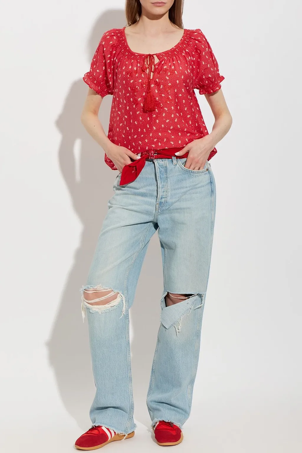 Re/Done Katie Embroidered Tie-Neck Top