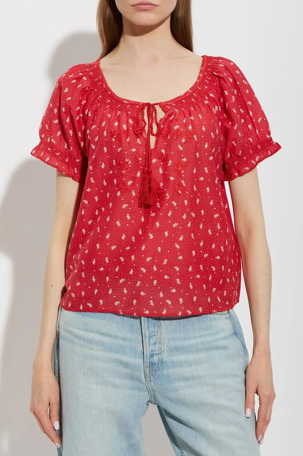 Re/Done Katie Embroidered Tie-Neck Top