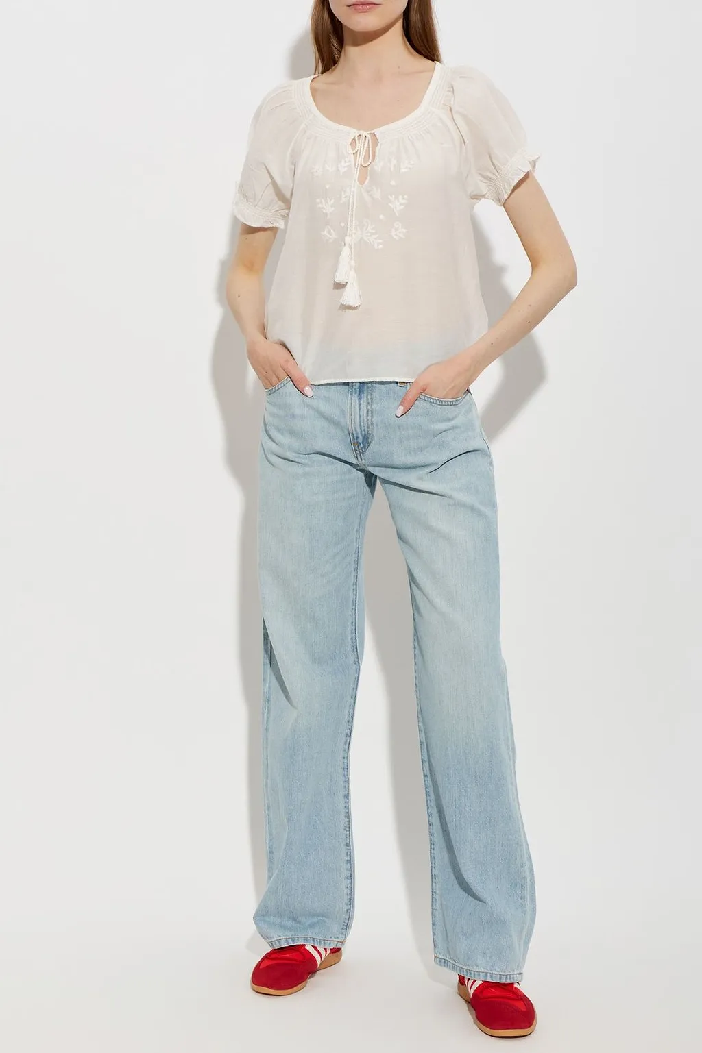 Re/Done Katie Embroidered Tie-Neck Top