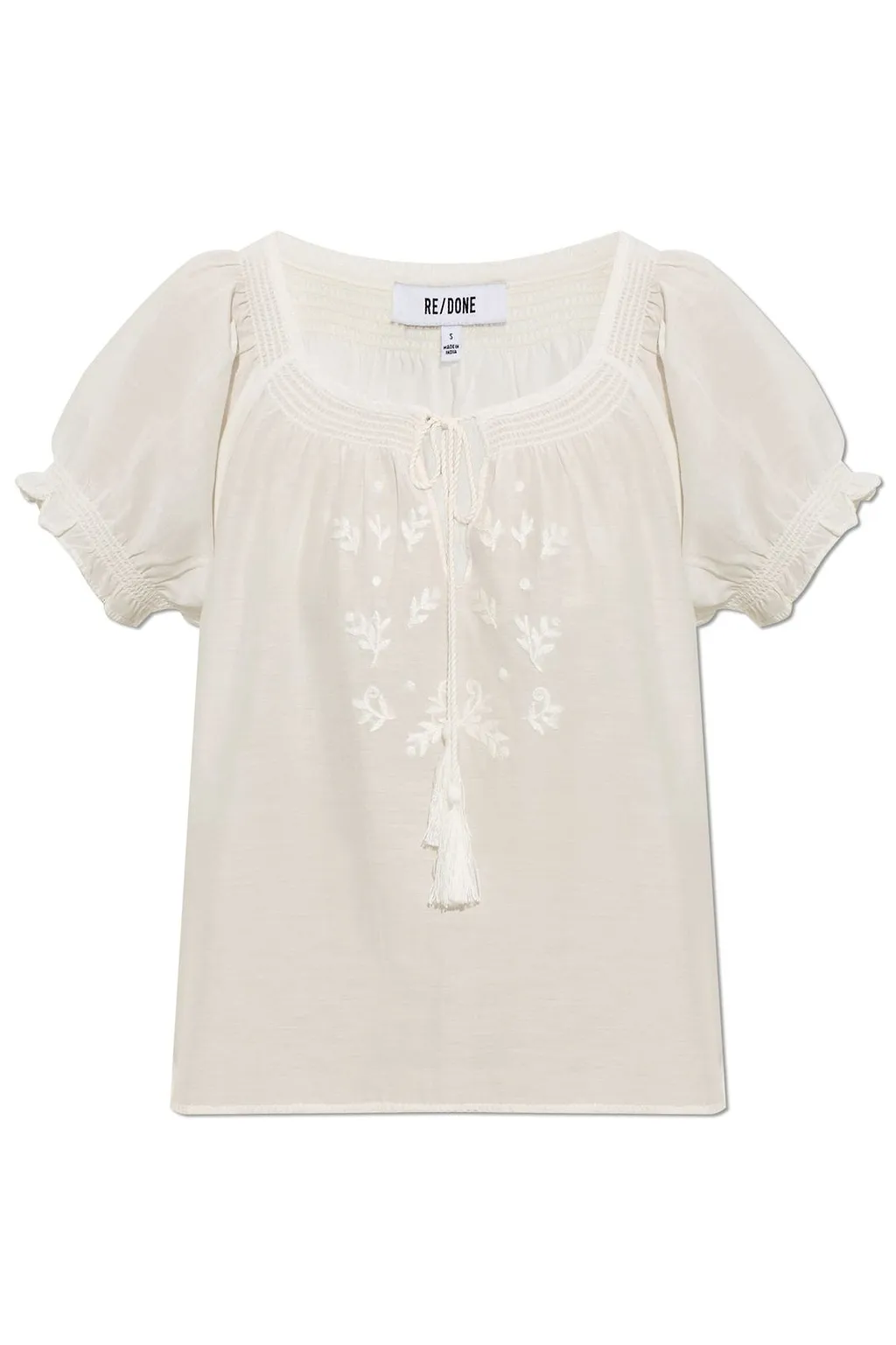 Re/Done Katie Embroidered Tie-Neck Top