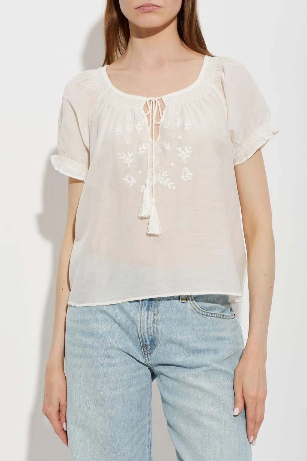 Re/Done Katie Embroidered Tie-Neck Top