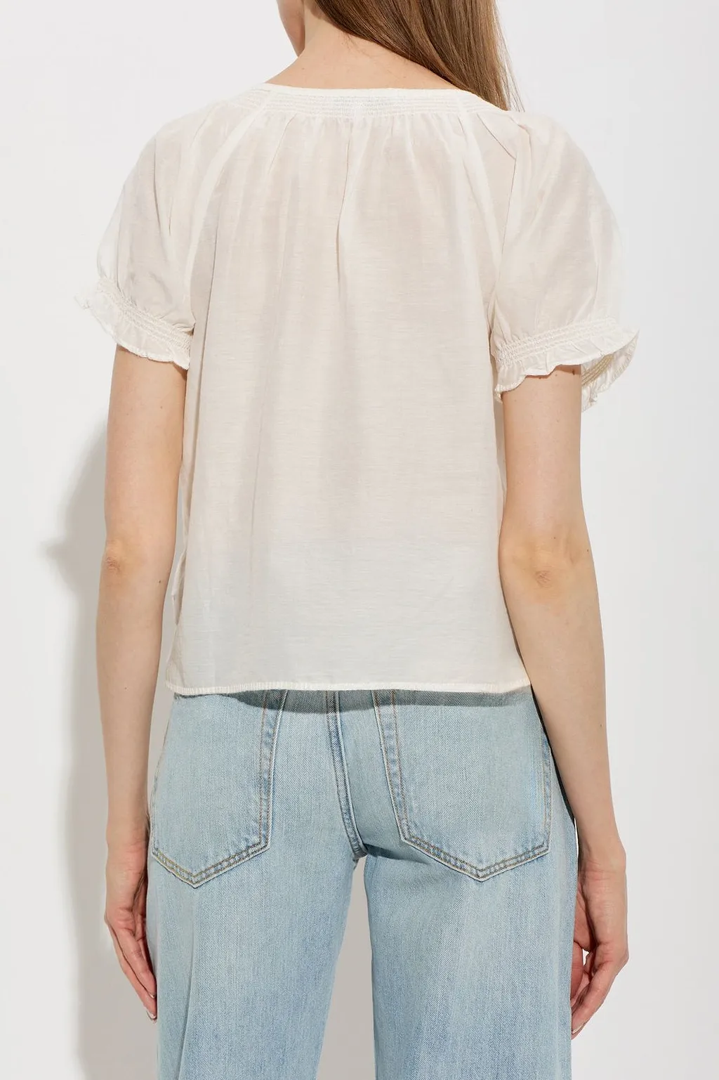 Re/Done Katie Embroidered Tie-Neck Top