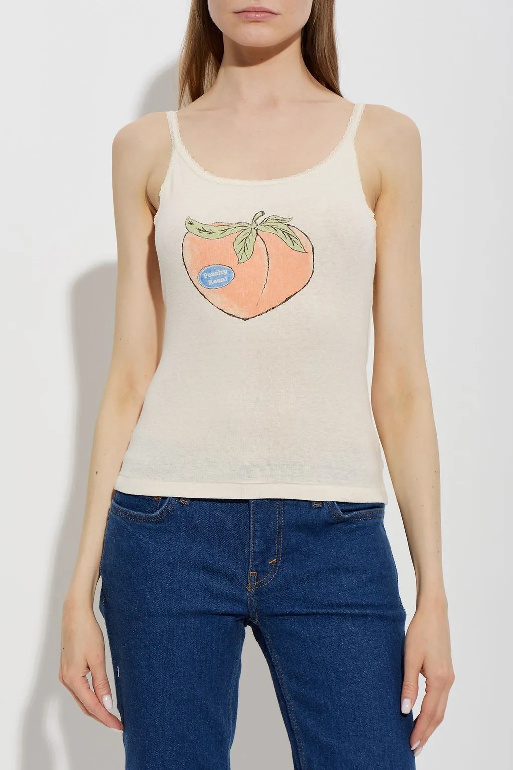 Re/Done Peach Graphic Lace Strap Top