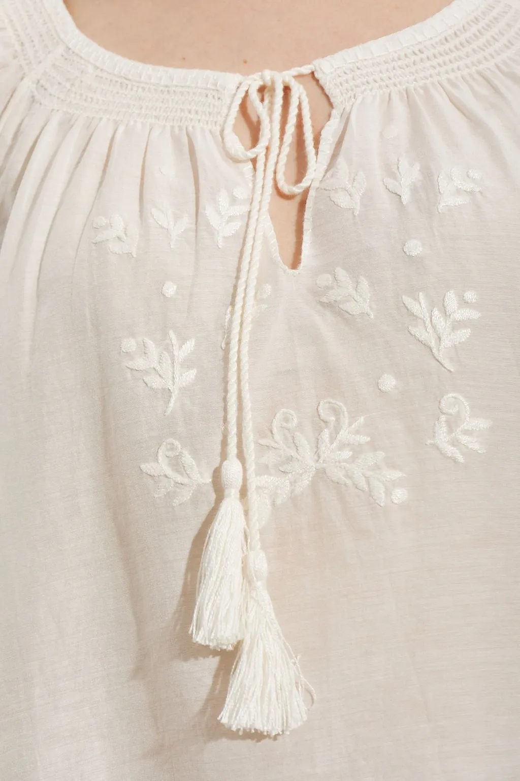 Re/Done Katie Embroidered Tie-Neck Top