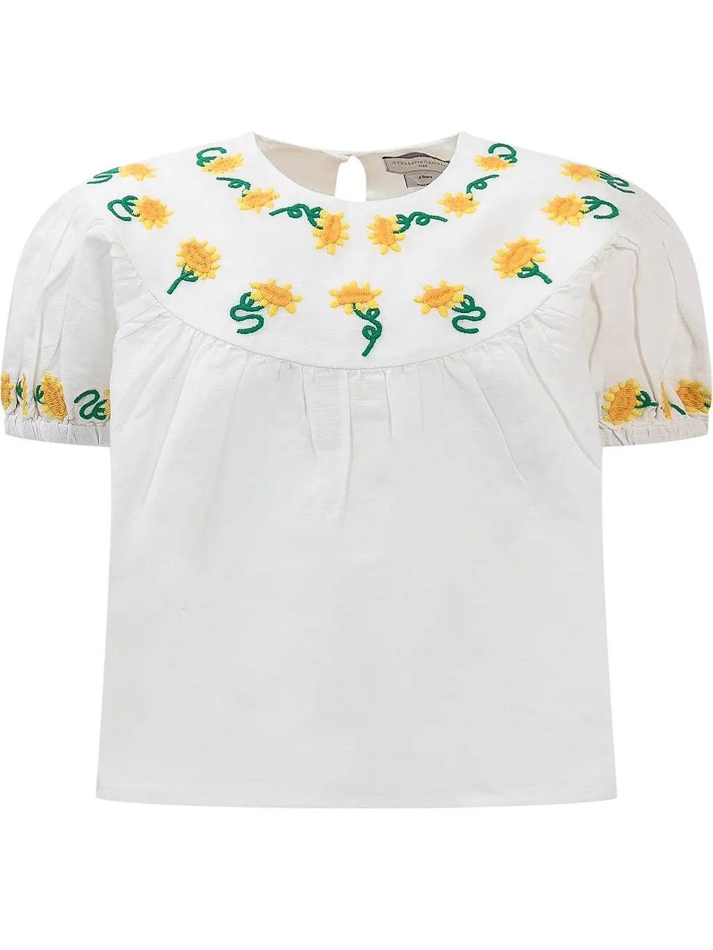 Motif-Embroidered Ruched Crewneck Blouse