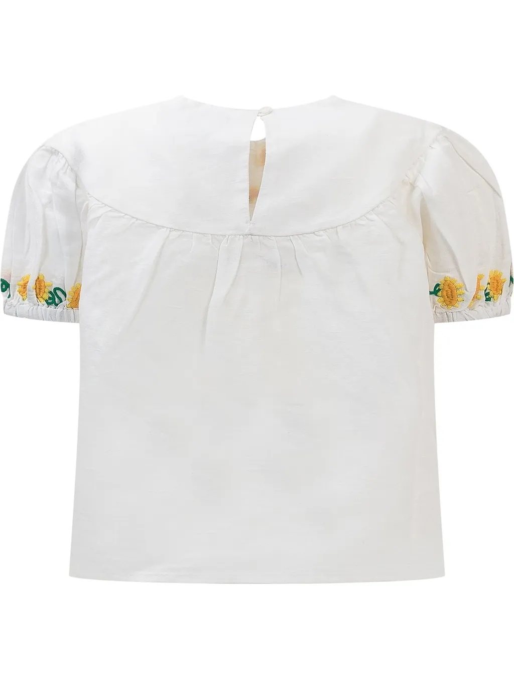 Motif-Embroidered Ruched Crewneck Blouse