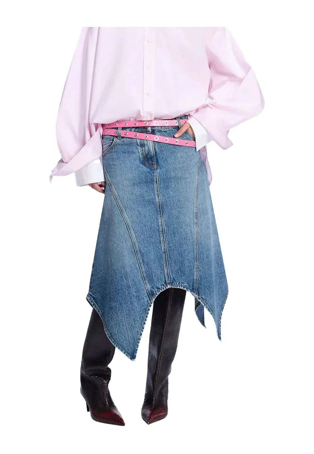 The Attico Asymmetric Denim Midi Skirt