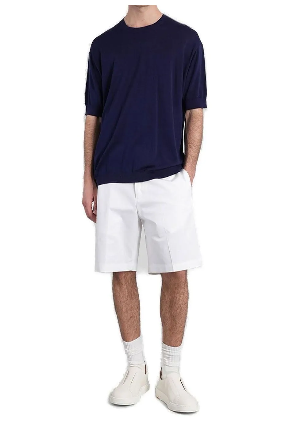 Grayed Ribbed-Trim Short-Sleeve Crewneck T-Shirt