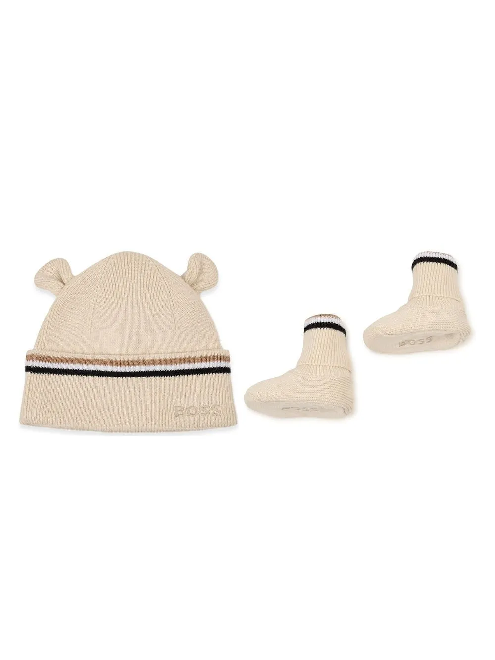 Logo Embroidered Striped Beanie And Booties Set