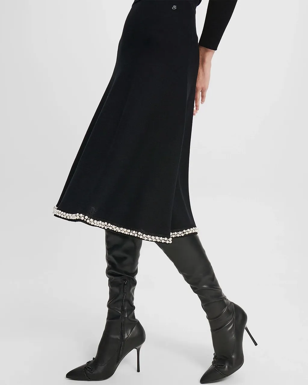 Pearl-Trim A-Line Knitted Skirt