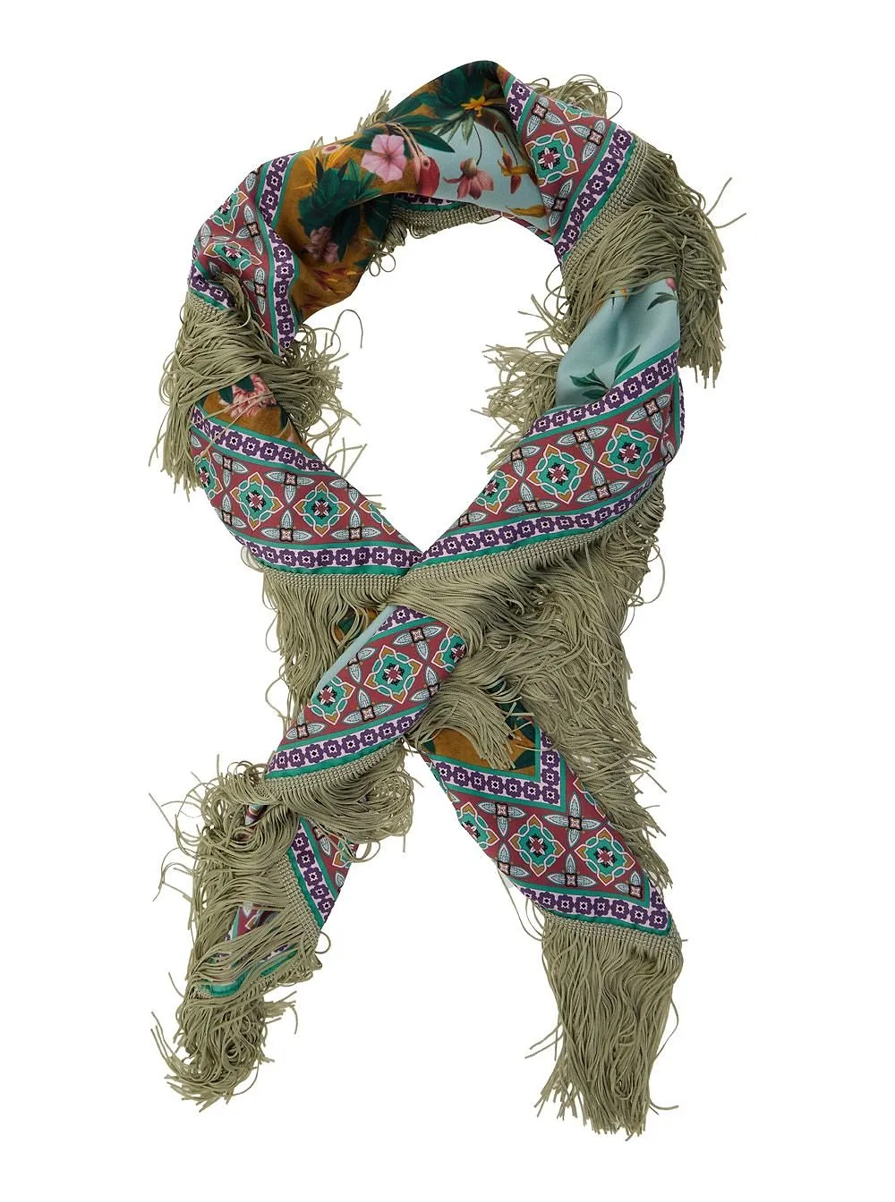 La Doublej Fringed Floral Print Silk Scarf