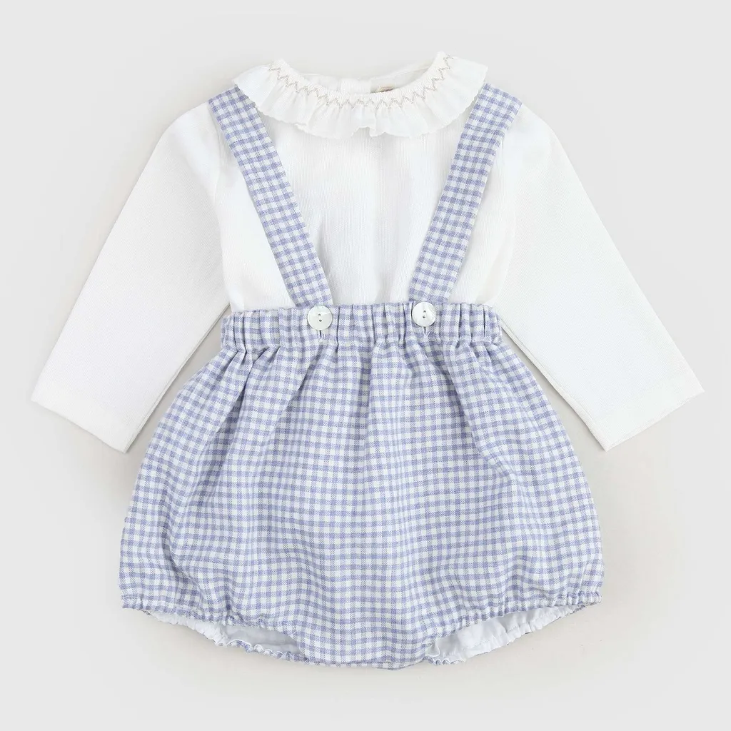 Scalloped-Collar Checked Overalls Suit