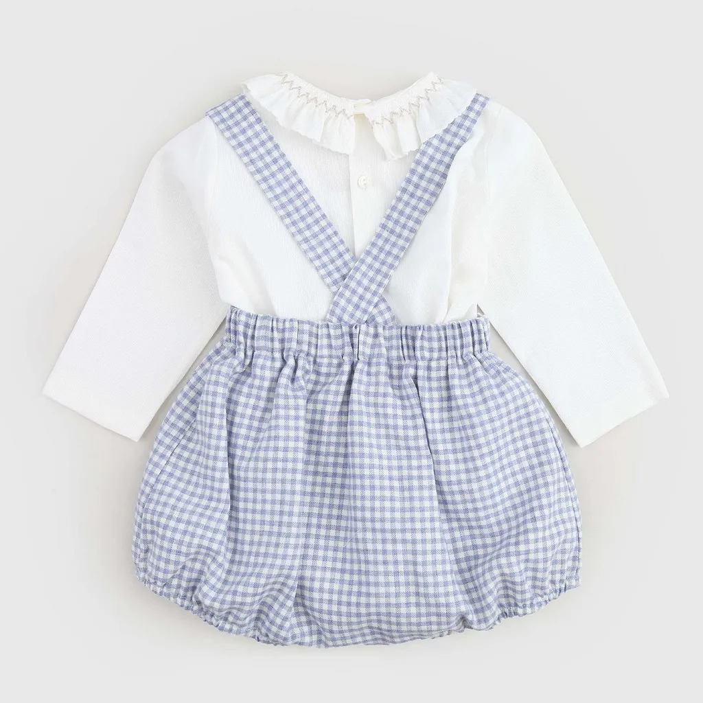 Scalloped-Collar Checked Overalls Suit