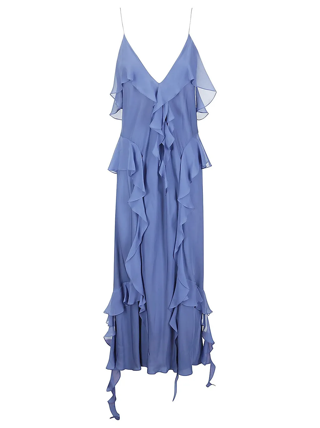 Ruffle-Trim Plunging V-Neck Maxi Dress