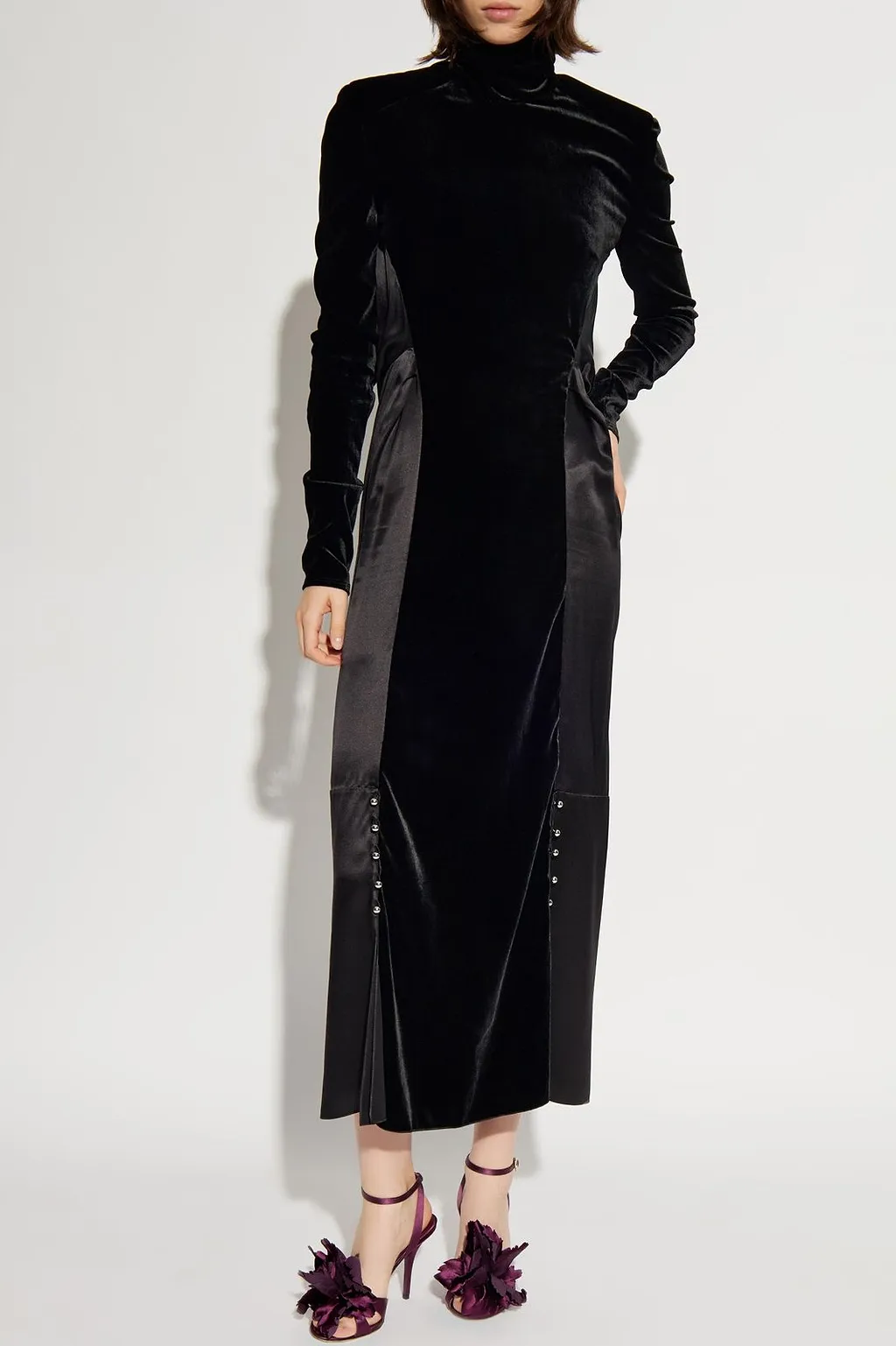 Lanvin Velvet-Panel Open-Back Turtleneck Dress