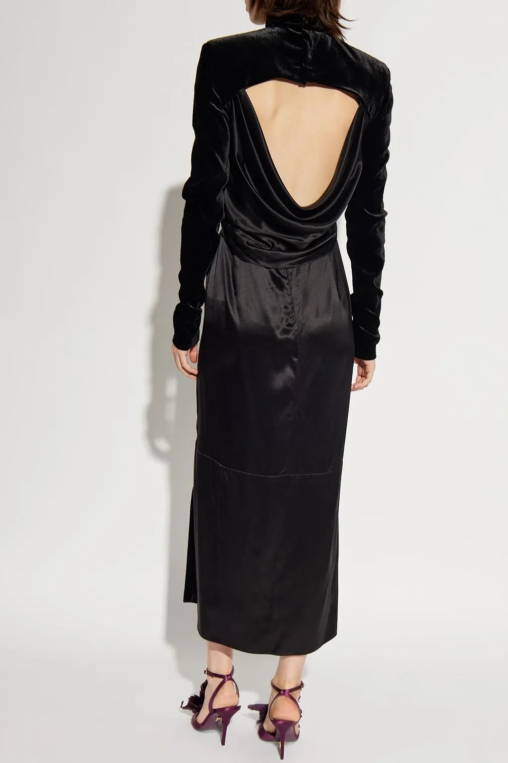 Lanvin Velvet-Panel Open-Back Turtleneck Dress