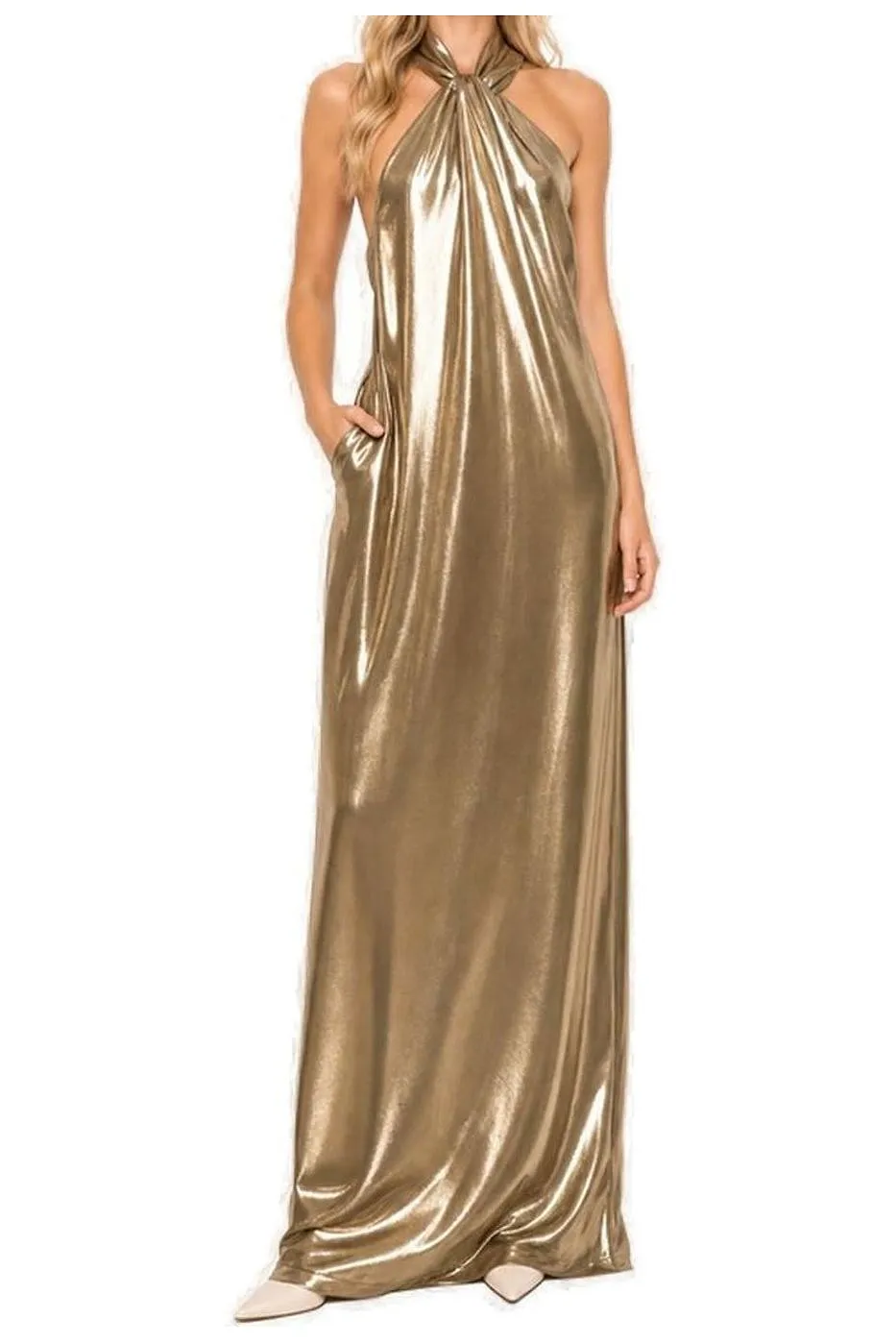 Lauren Ralph Lauren Metallic Chiffon Halter Gown