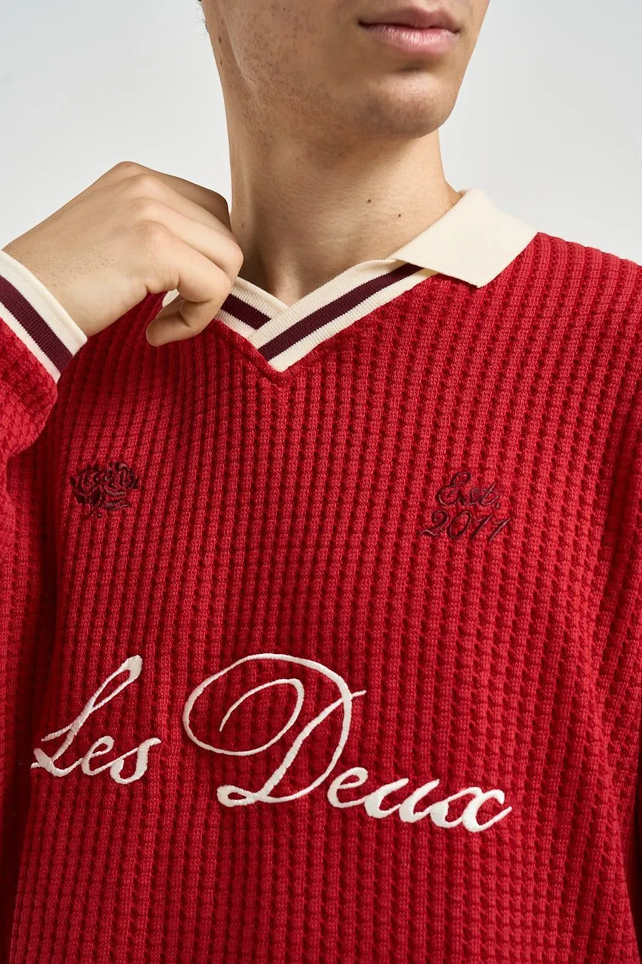 Les Deux Waffle V-Neck Knitted Sweater