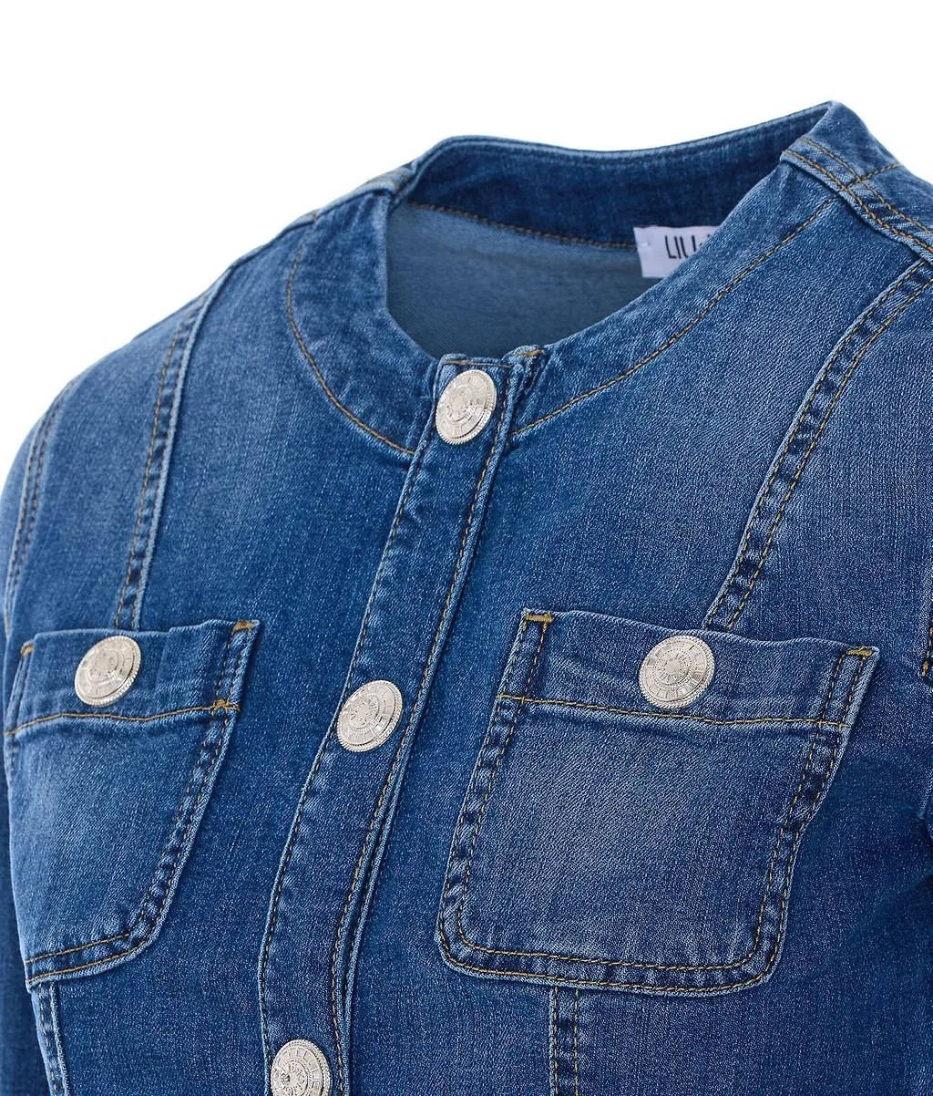 Liu Jo Jewel-Button Crewneck Denim Jacket