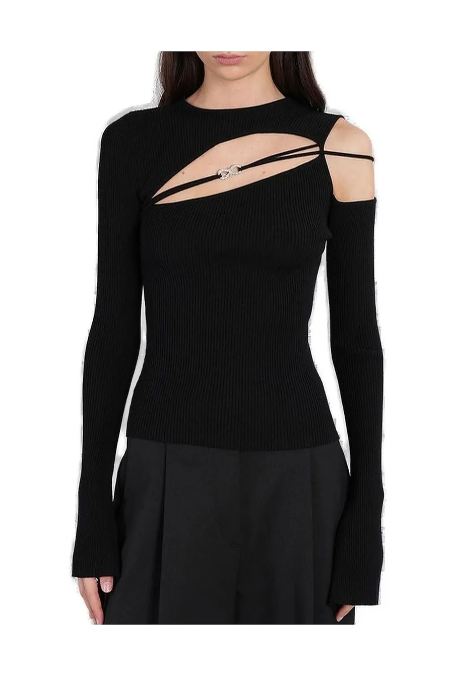 Mach & Mach Cut-Out Ribbed Knit Blouse