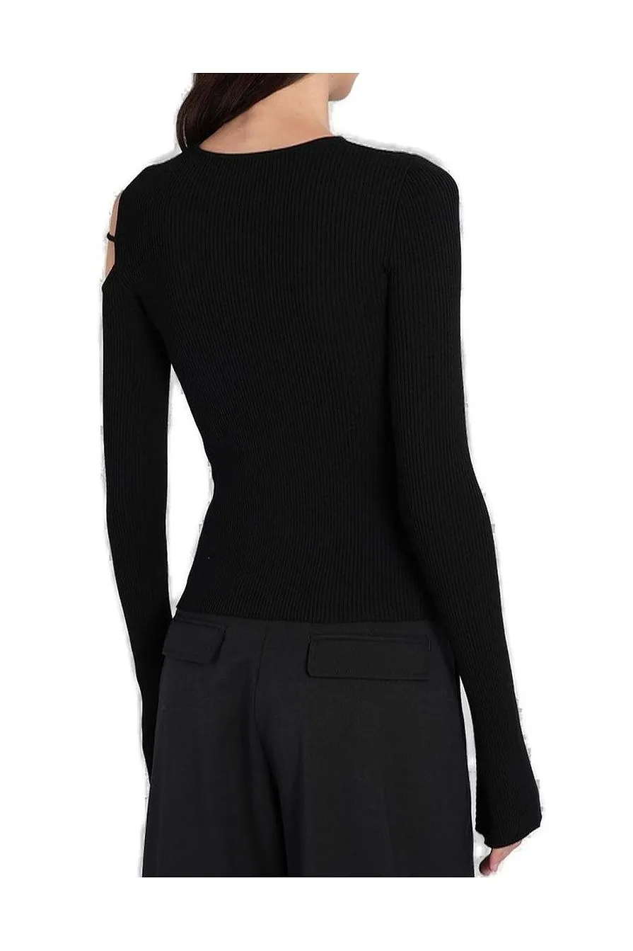 Mach & Mach Cut-Out Ribbed Knit Blouse