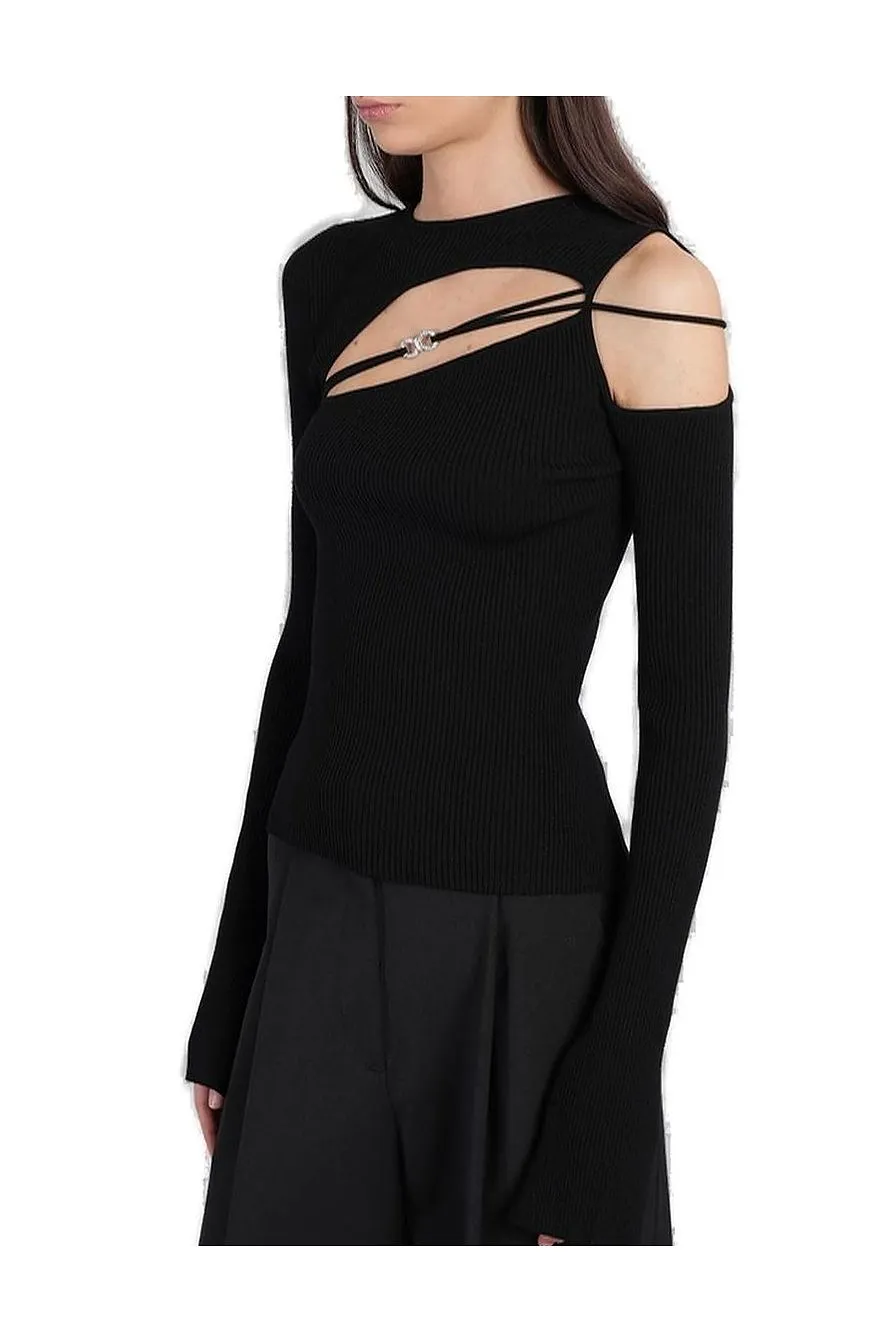 Mach & Mach Cut-Out Ribbed Knit Blouse